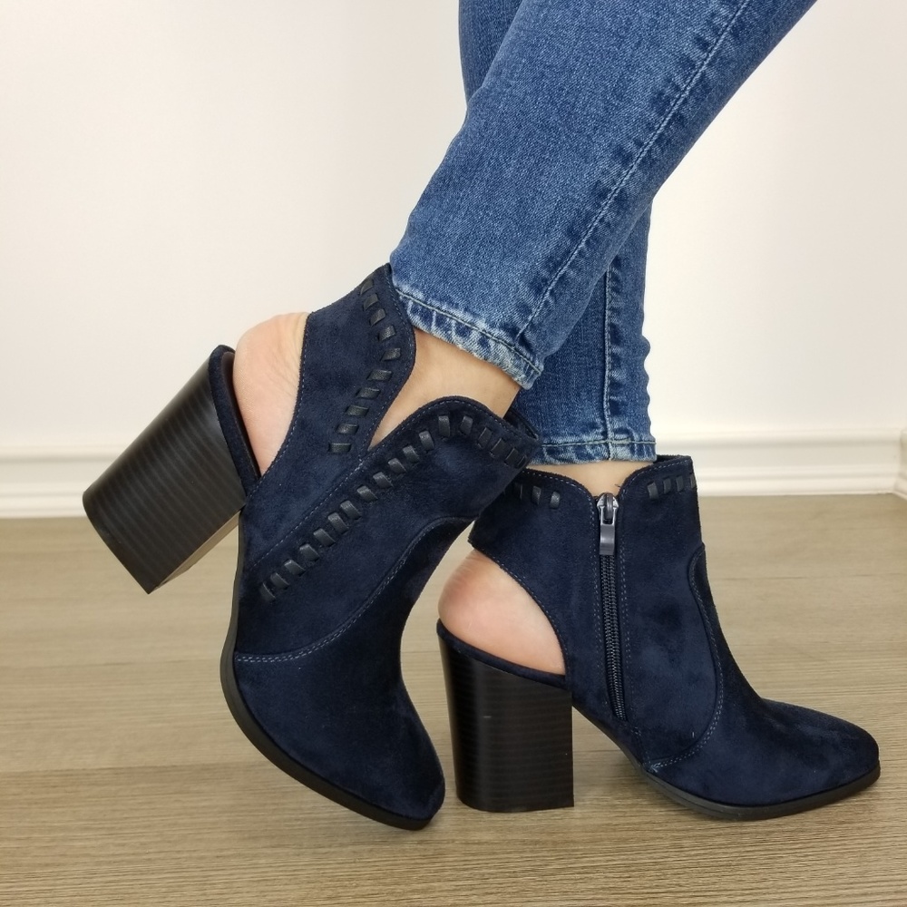Pointy Toe Navy  Suede Ankle Boots With Sling Back - Picture 5 of 8